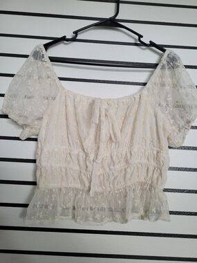 Cream Lace Tie-Front Peasant Blouse - Women's Short Sleeve Top